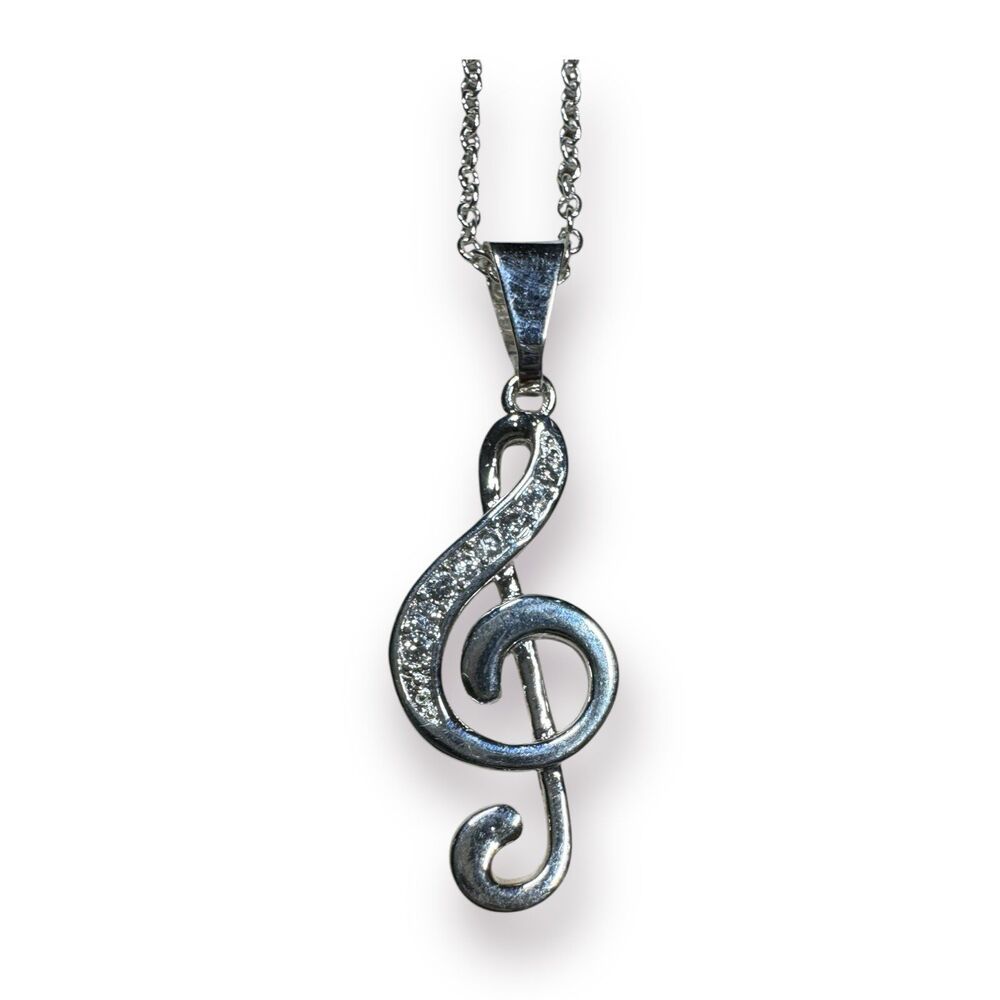 Music Note Rhinestone Sterling Silver 925 Necklace - Picture 1 of 6